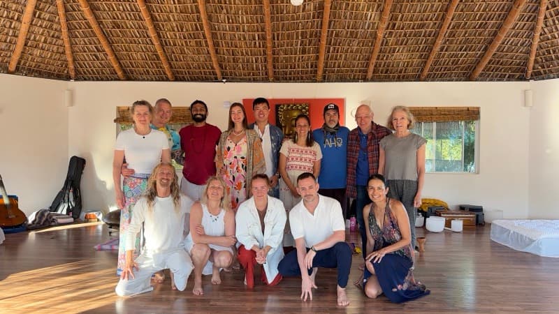 Participants and facilitators at Ceremonia's Heal Retreat with ayahuasca in Baja California, Mexico, February 2026, in the post-ceremony glow